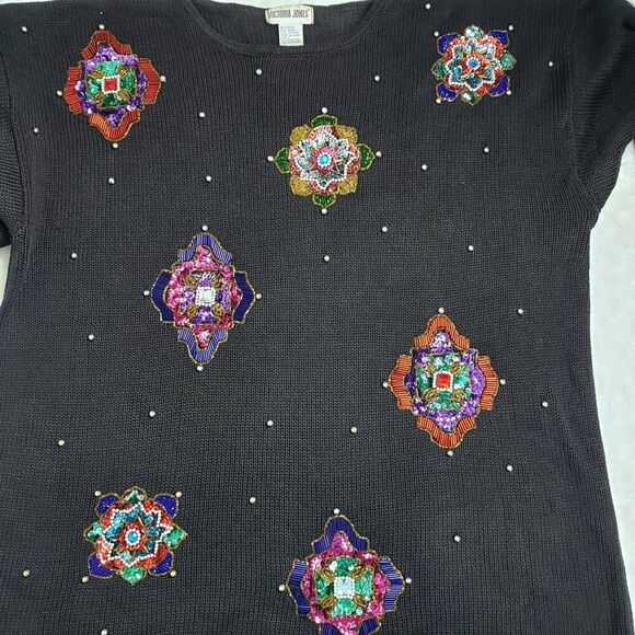 Vintage Victoria Jones Bead Embellished Sweater Black Size Large - Picture 10 of 12